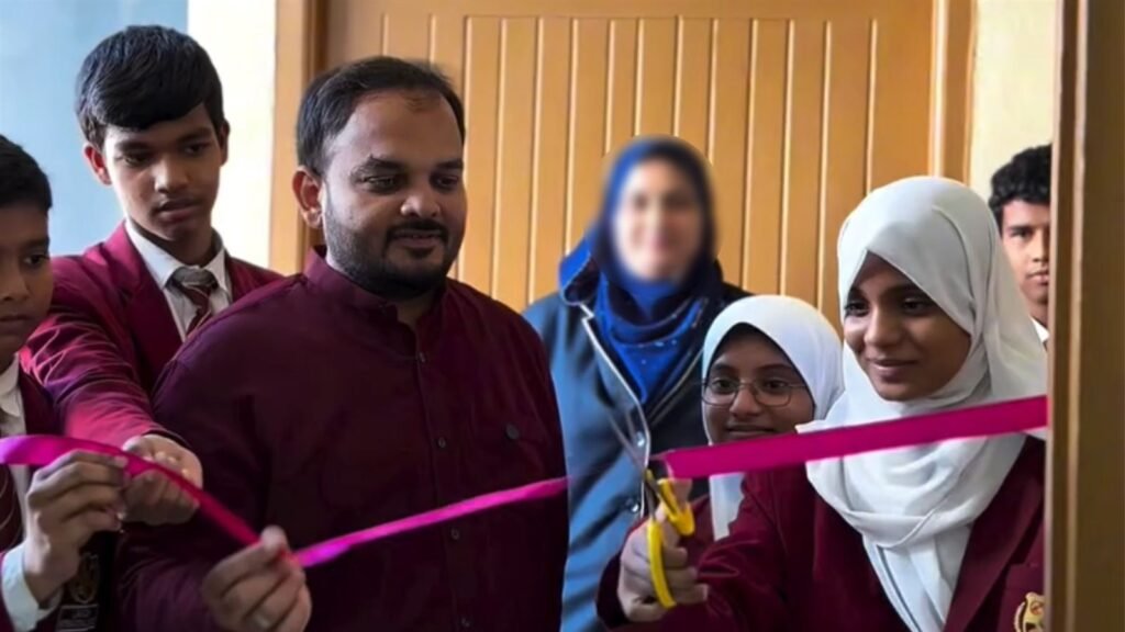 Students cut the ribbon to open the AI lab at LAKSH International School, Razvi Chaman
