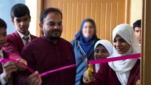 Students cut the ribbon to open the AI lab at LAKSH International School, Razvi Chaman