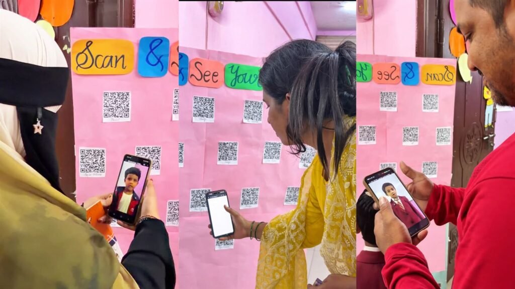 Parents scan QR codes on the Scan & See wall to watch videos of their children at the LAKSH Kisannagar PTM