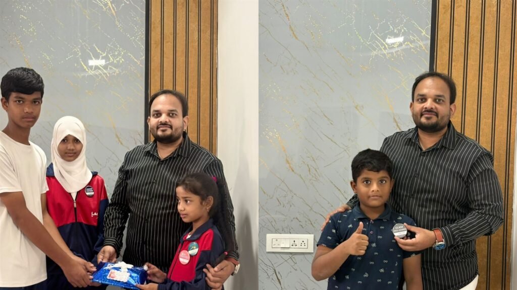 Students receive a gift and a Class Vice-Leader badge from LAKSH management at PTM 2, Razvi Chaman