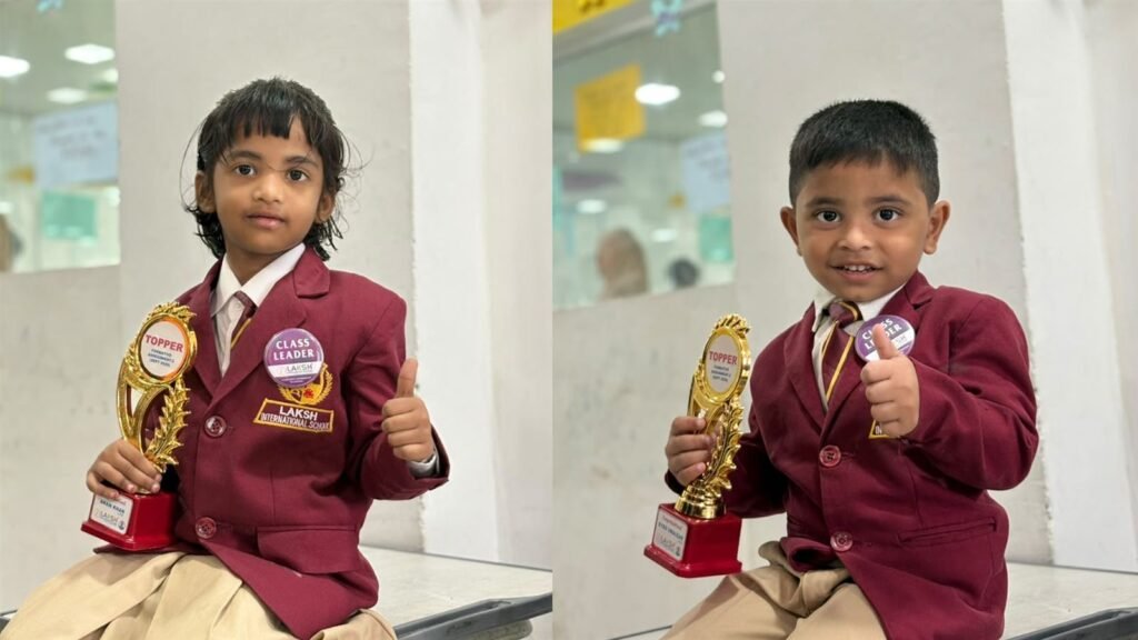 PP1 FA-2 toppers Anam Khan and Syed Umaizar with their Topper trophies at the LAKSH Razvi Chaman PTM