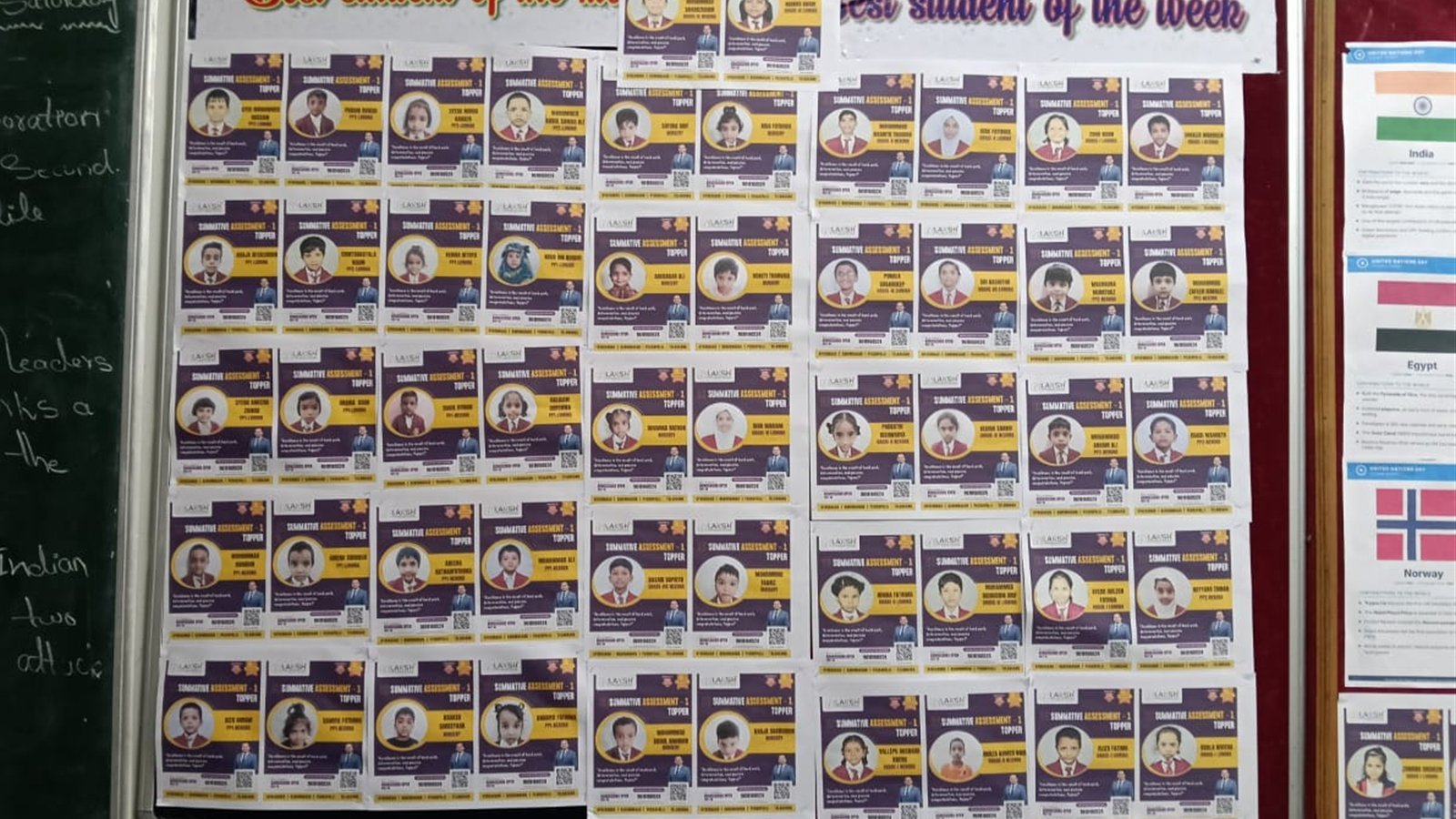 Wall display of all 60 Summative Assessment 1 toppers at LAKSH International School Kisannagar